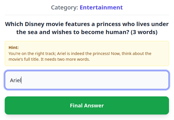 Screenshot with hint showing Ariel as the right first word