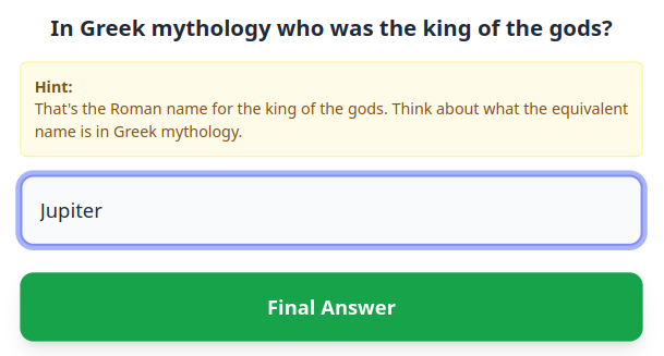 The hint asks the user to enter the Greek name for Jupiter
